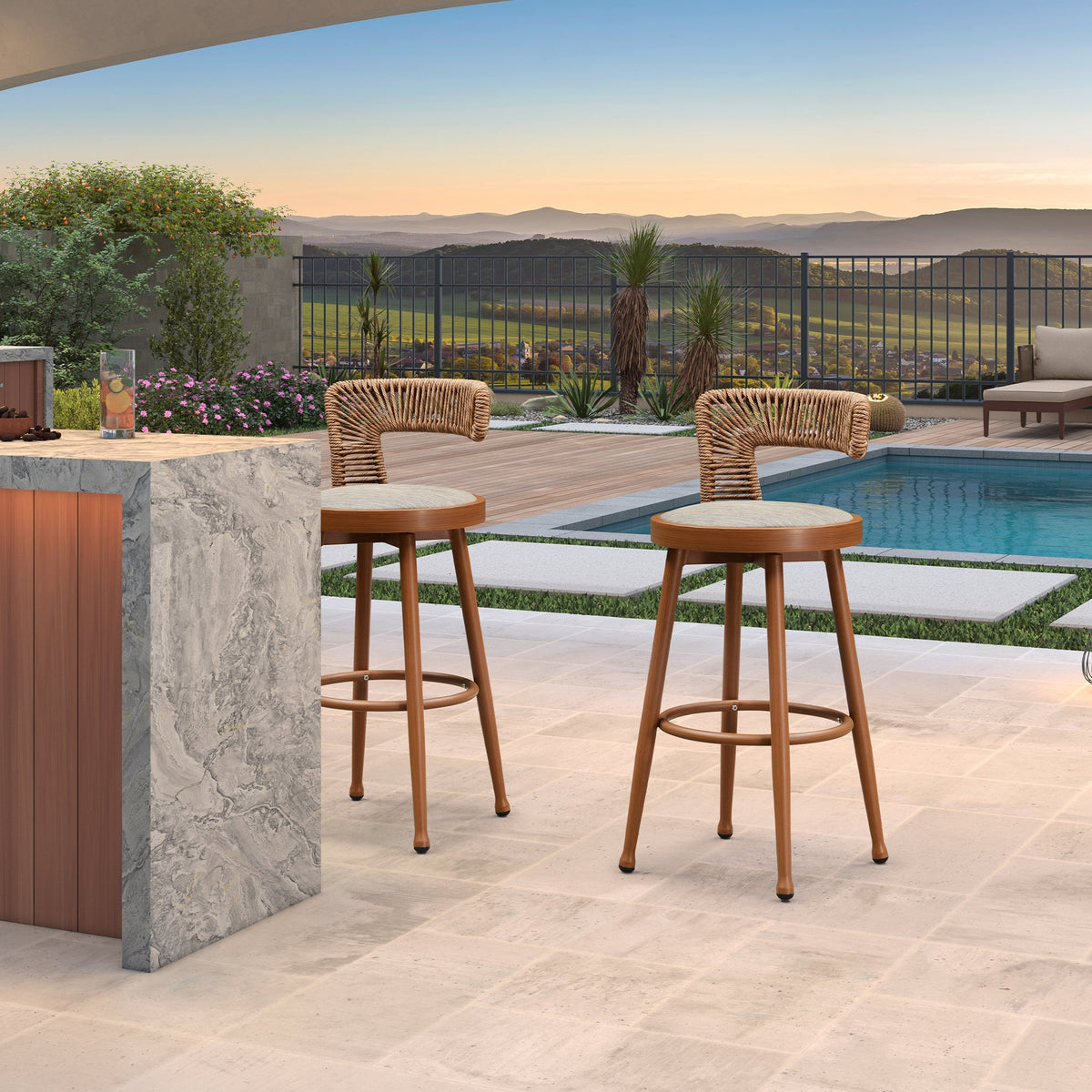 PURPLE LEAF Outdoor Swivel Bar Stools Set of 2 Metal Modern Rattan Bar Chairs with Backrest Aluminum Woven Barstools with Cushions