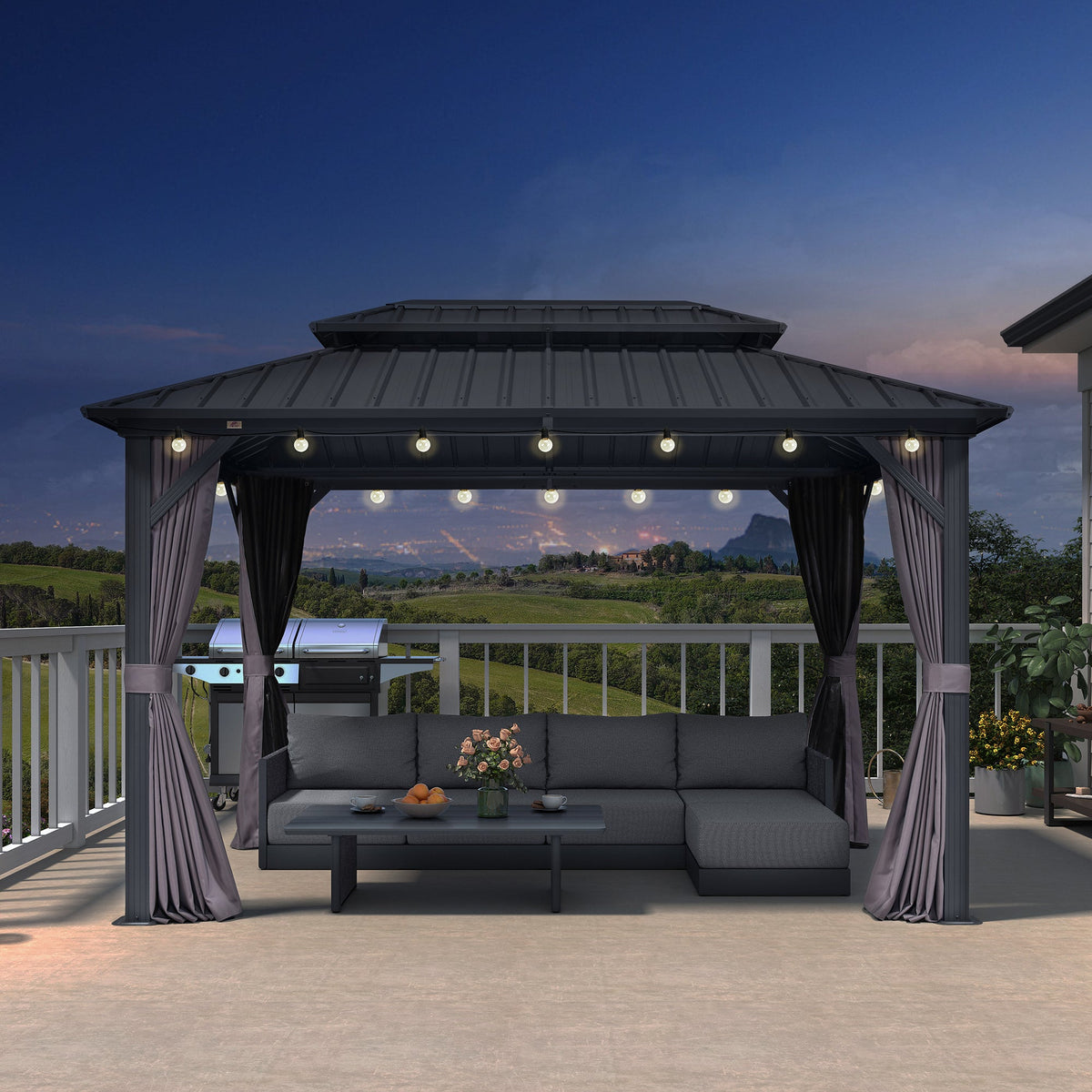 PURPLE LEAF Grey Hardtop Gazebo with Heavy Duty Galvanized Steel Double Roof with String Lights-clear