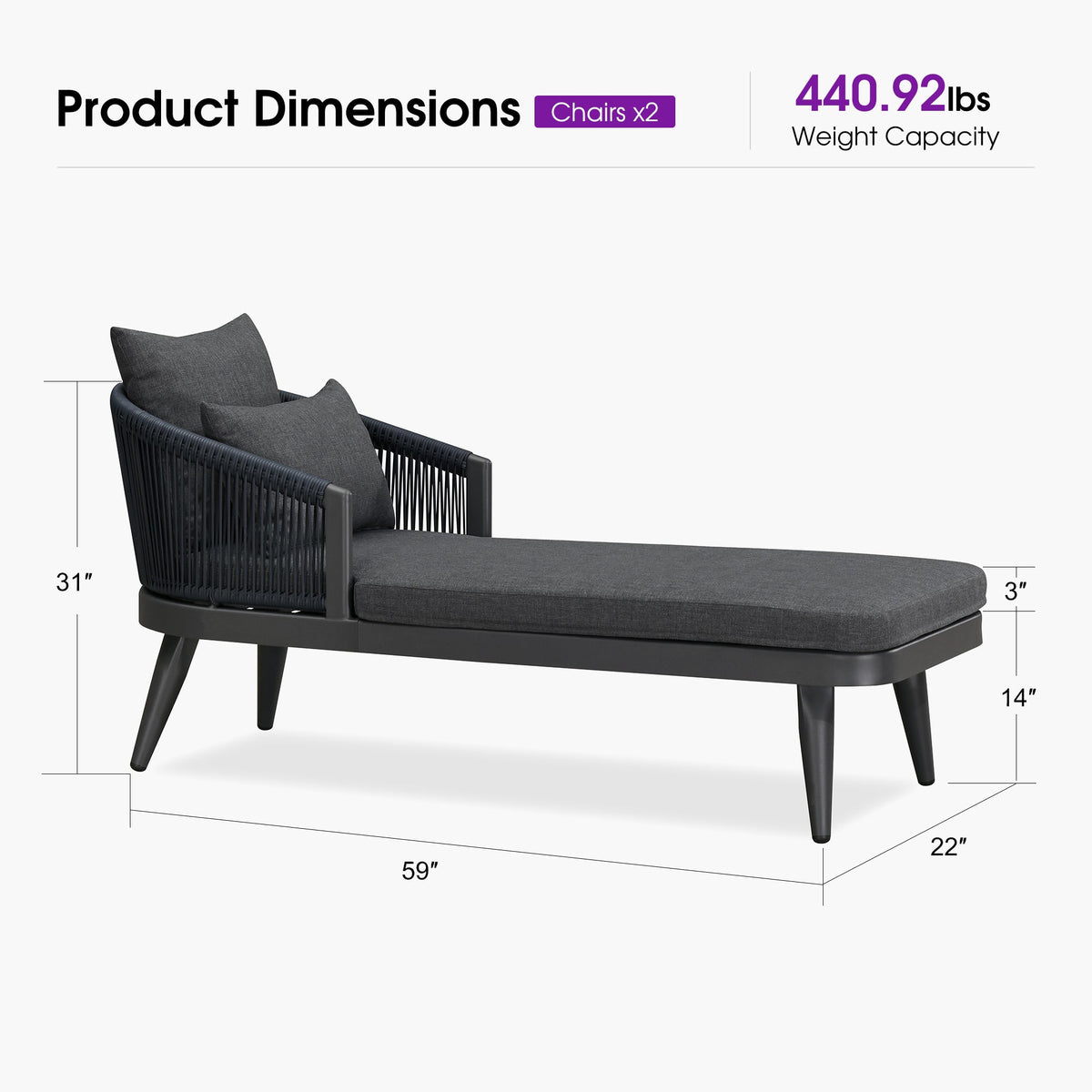 PURPLE LEAF Patio Chaise Lounge Elegant Aluminum Outdoor Lounge Chair with Pillow & Lumbar Support PE Rattan Backrest All Weather for Lawn Beach Backyard