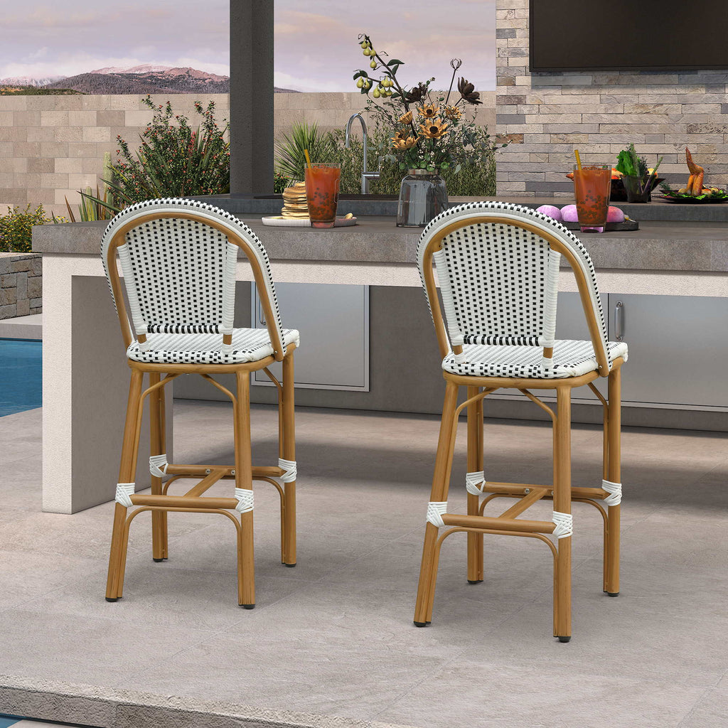 PURPLE LEAF Patio French Counter Stool Set of 2 Outdoor Backrest Barstools Aluminum Frame Woven Rattan for Indoor Kitchen Garden Balcony Restaurant
