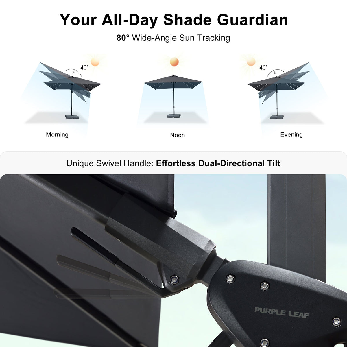PURPLE LEAF Lateral Tilt Patio Umbrella with Base, 360° Swivel Cantilever Umbrella with Stand