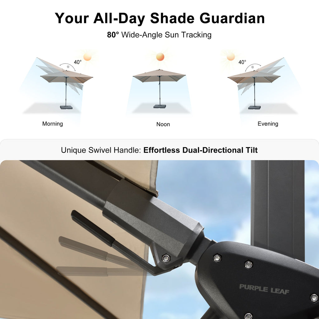 PURPLE LEAF Lateral Tilt Patio Umbrella with Base, 360° Swivel Cantilever Umbrella with Stand