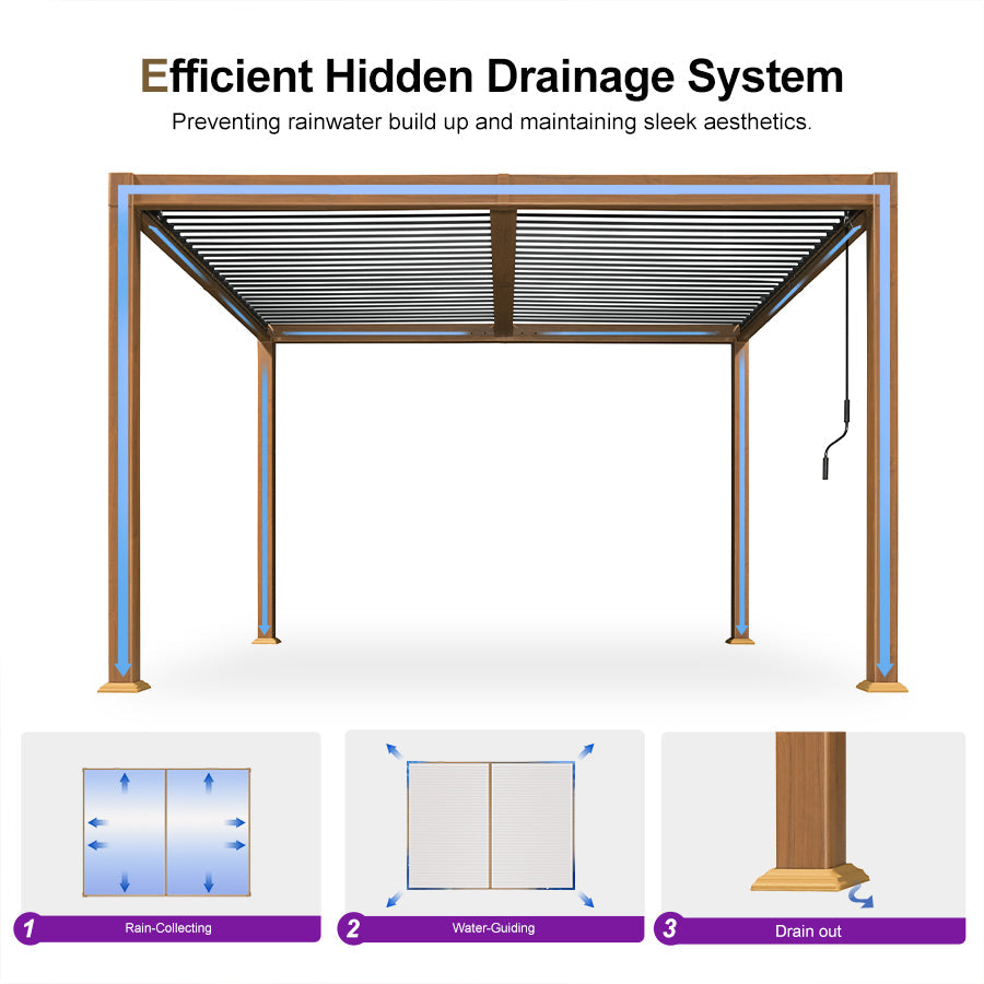 PURPLE LEAF Caesar Louvered Pergola with Yellow Lights Wood Grain Frame Gray Roof Aluminum Pergola with Adjustable Roof  Hardtop Gazebo for Outdoor Deck Garden Yard