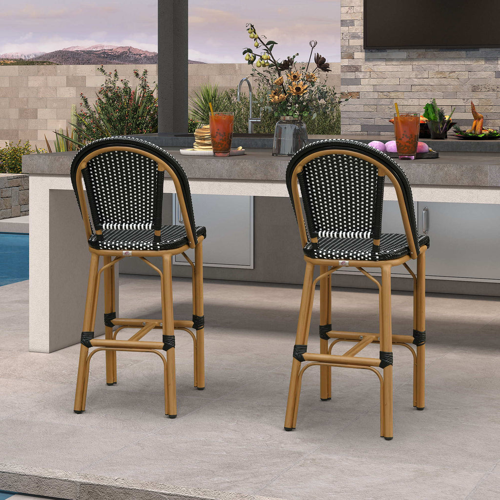 PURPLE LEAF Patio French Counter Stool Set of 2 Outdoor Backrest Barstools Aluminum Frame Woven Rattan for Indoor Kitchen Garden Balcony Restaurant