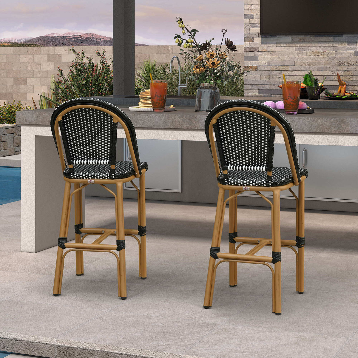 PURPLE LEAF Patio French Counter Stool Set of 2 Outdoor Backrest Barstools Aluminum Frame Woven Rattan for Indoor Kitchen Garden Balcony Restaurant