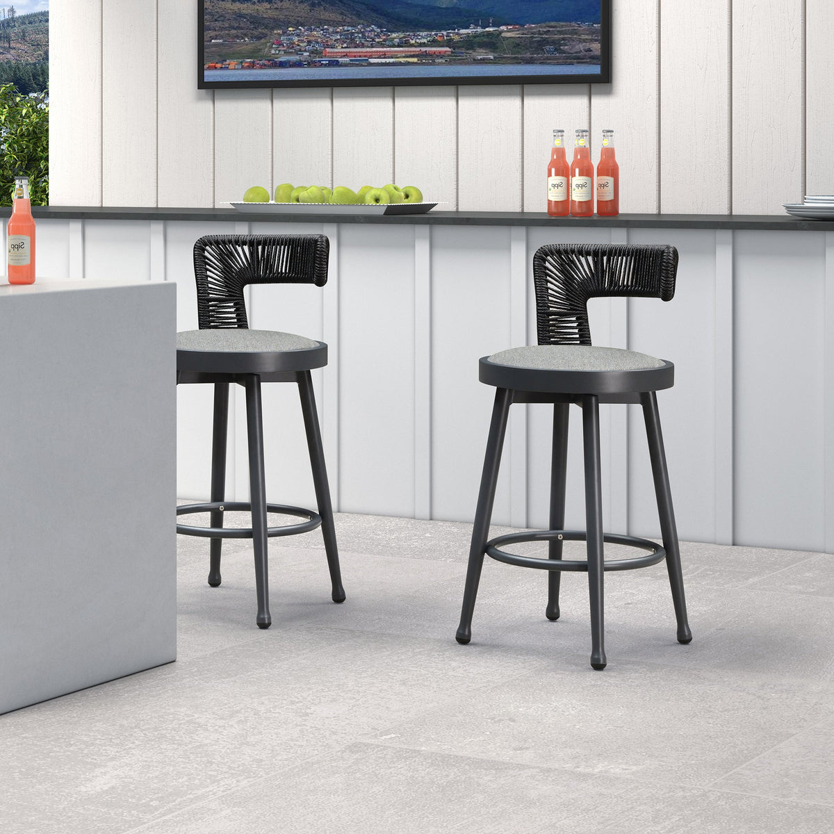 PURPLE LEAF Outdoor Swivel Bar Stools Set of 2 Metal Modern Rattan Bar Chairs with Backrest Aluminum Woven Barstools with Cushions