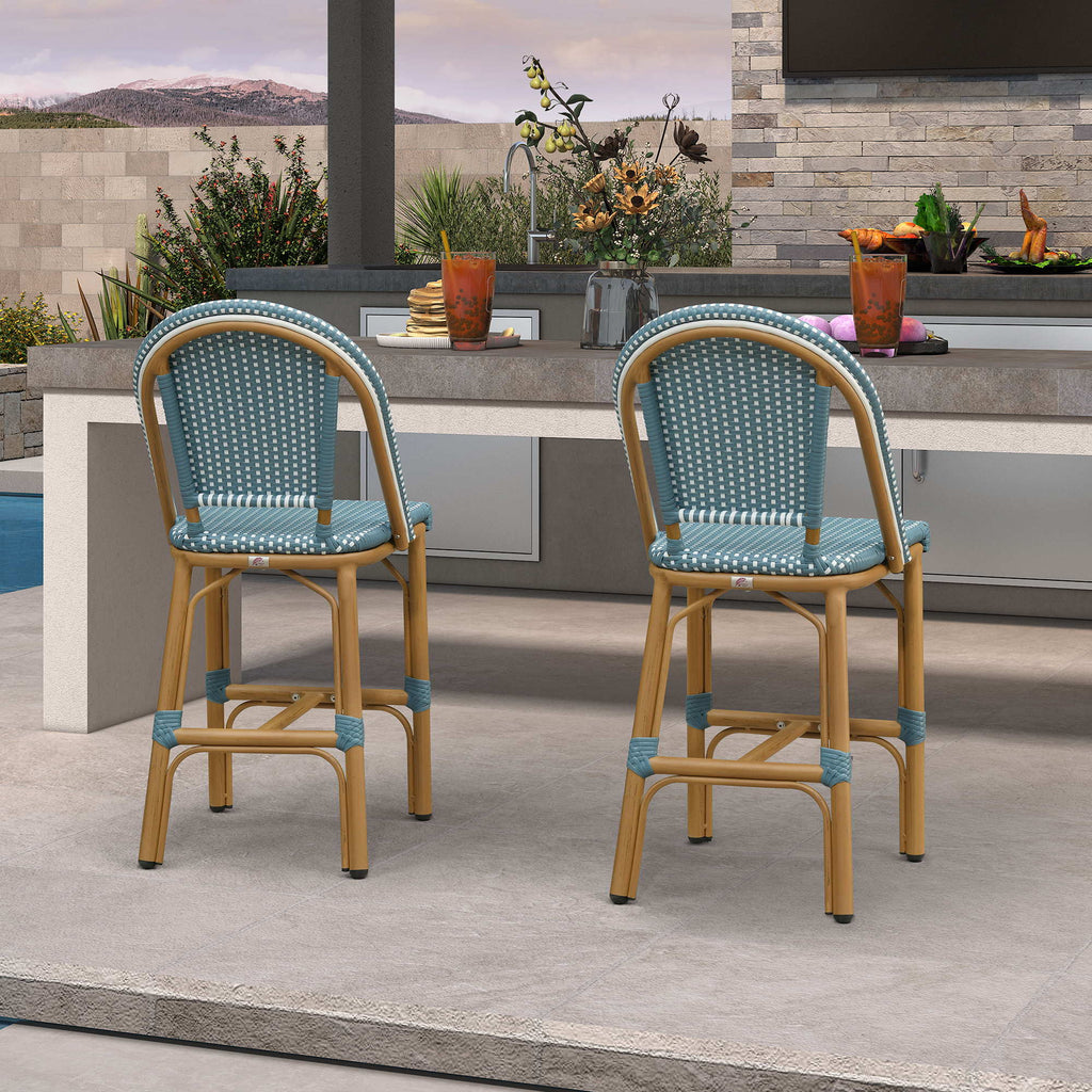 PURPLE LEAF Patio French Counter Stool Set of 2 Outdoor Backrest Barstools Aluminum Frame Woven Rattan for Indoor Kitchen Garden Balcony Restaurant