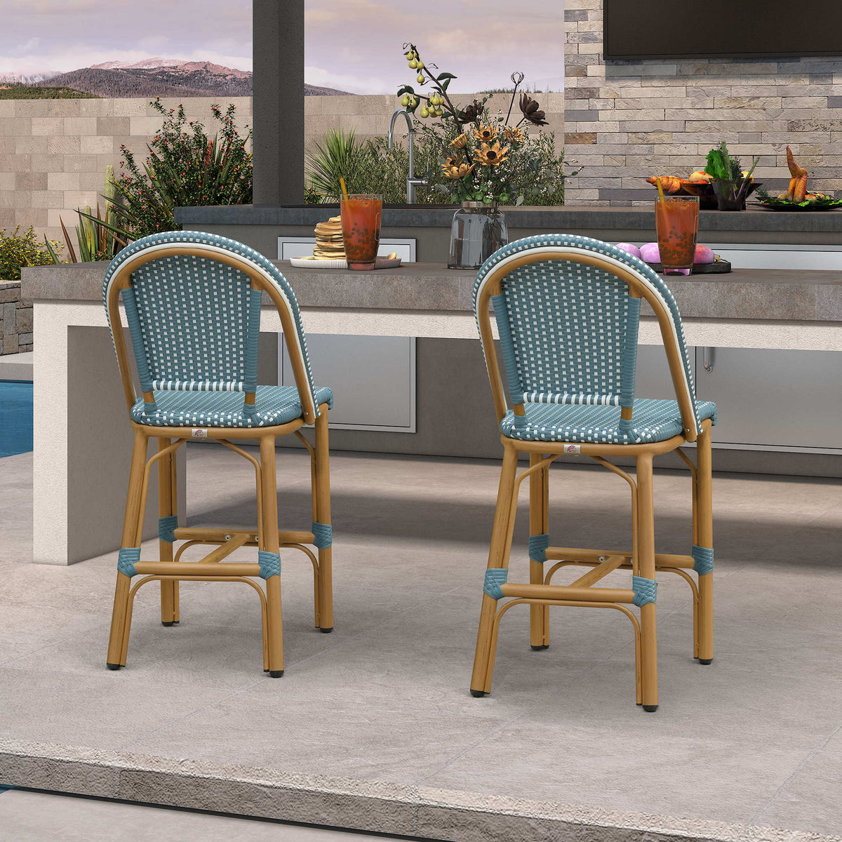 PURPLE LEAF Patio French Counter Stool Set of 2 Outdoor Backrest Barstools Aluminum Frame Woven Rattan for Indoor Kitchen Garden Balcony Restaurant