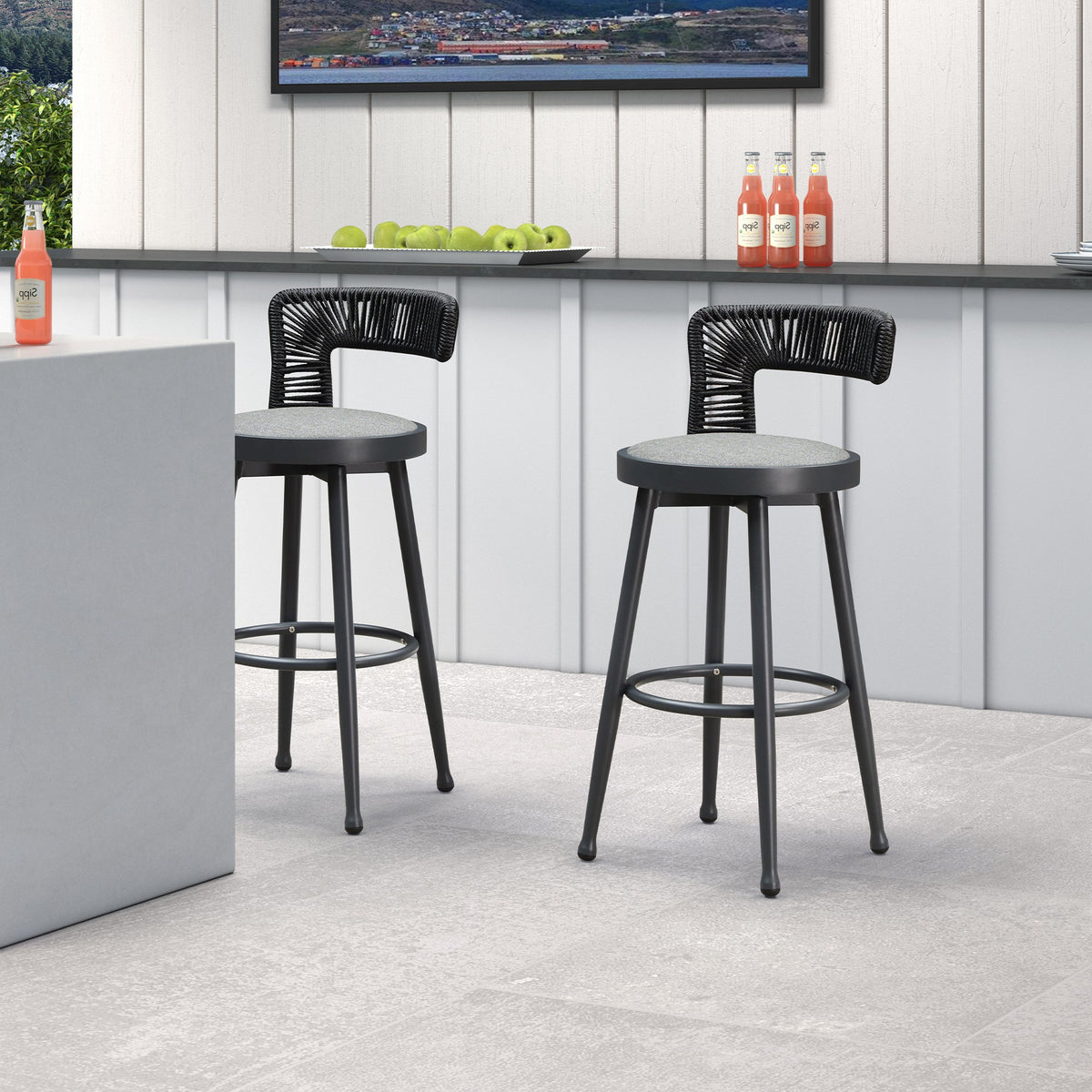 PURPLE LEAF Outdoor Swivel Bar Stools Set of 2 Metal Modern Rattan Bar Chairs with Backrest Aluminum Woven Barstools with Cushions