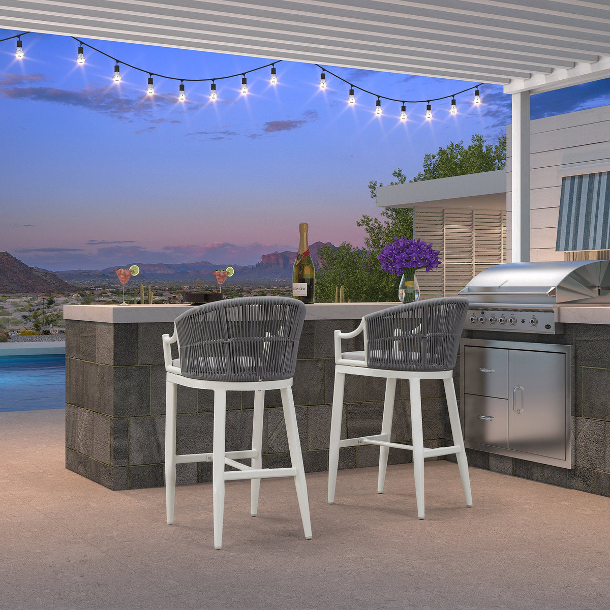 PURPLE LEAF Patio Bar Stools Set of 2 Outdoor Wicker Modern High Bar Chairs Metal Cushioned Barstools with Backs and Ergonomic Armrest