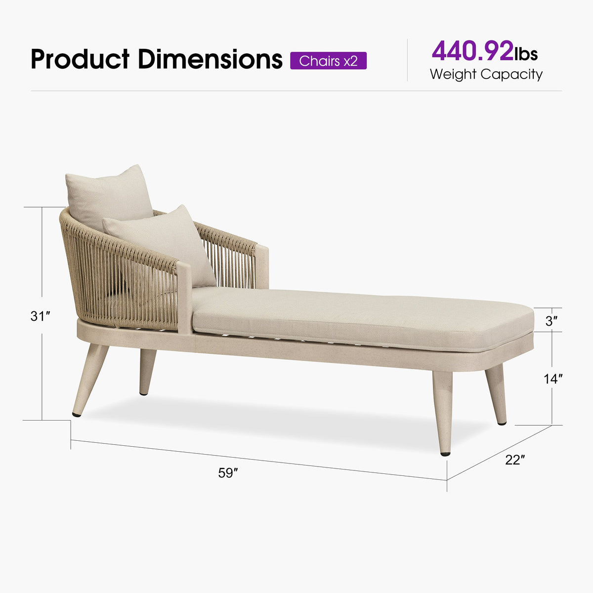 PURPLE LEAF Patio Chaise Lounge Elegant Aluminum Outdoor Lounge Chair with Pillow & Lumbar Support PE Rattan Backrest All Weather for Lawn Beach Backyard