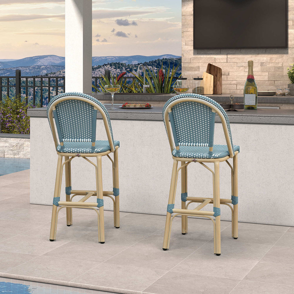 PURPLE LEAF Patio French Counter Stool Set of 2 Outdoor Backrest Barstools Aluminum Frame Woven Rattan for Indoor Kitchen Garden Balcony Restaurant