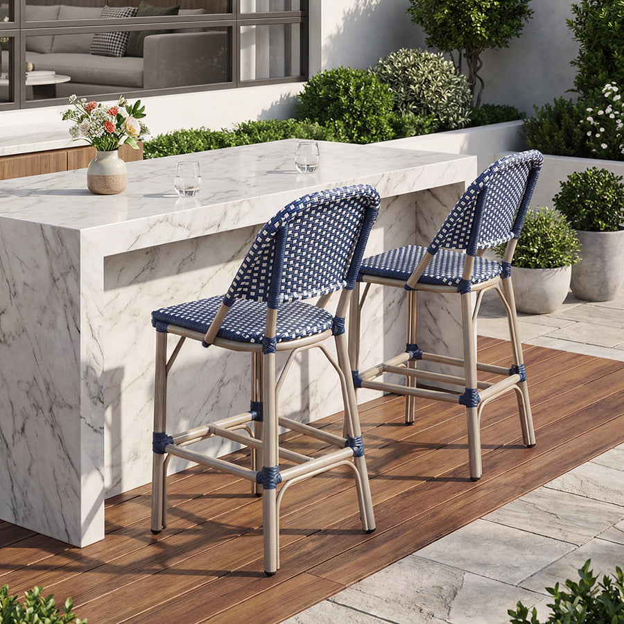 PURPLE LEAF Outdoor Bar Height Stools Set of 2 French Country Patio Rattan Bar Stool Chairs Outdoor Armless Barstools for Porch Garden Indoor Kitchen