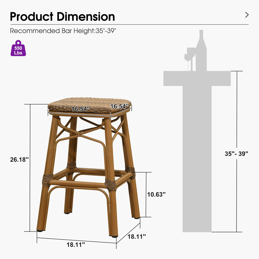 PURPLE LEAF Outdoor Bar Stools Set of 2 Rattan Patio Tall Bar Chairs Aluminum Frame with Back Barstools for Kitchen Garden Backyard Bistros Restaurant
