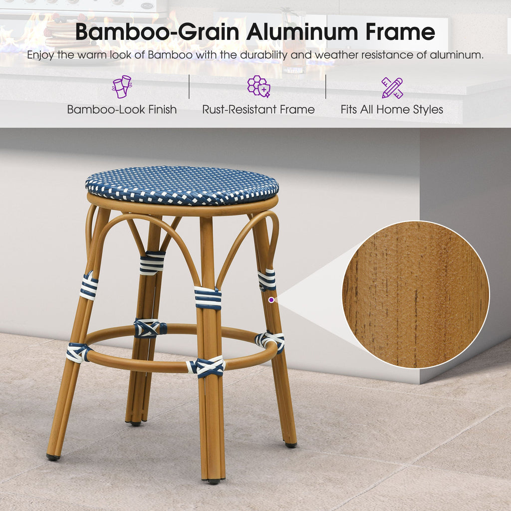 PURPLE LEAF Patio French Round Counter Stool Set of 2 Rattan Backless Stackable Barstools Aluminum Frame Footrest with Woven Wicker for Outdoor Kitchen Yard