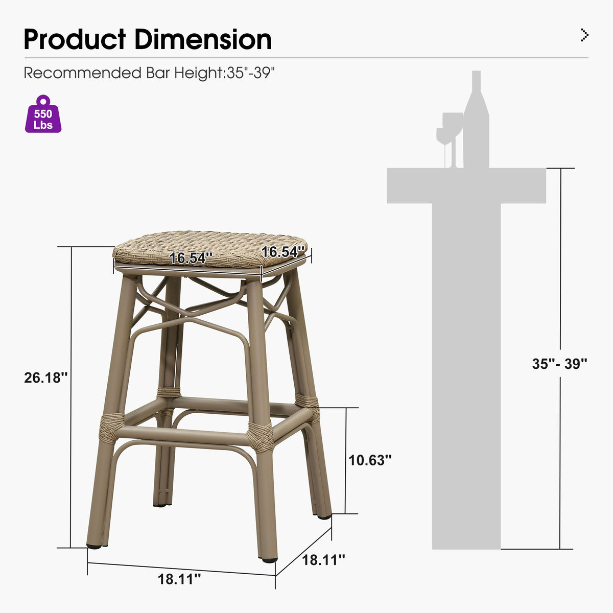 PURPLE LEAF Outdoor Bar Stools Set of 2 Rattan Patio Tall Bar Chairs Aluminum Frame with Back Barstools for Kitchen Garden Backyard Bistros Restaurant