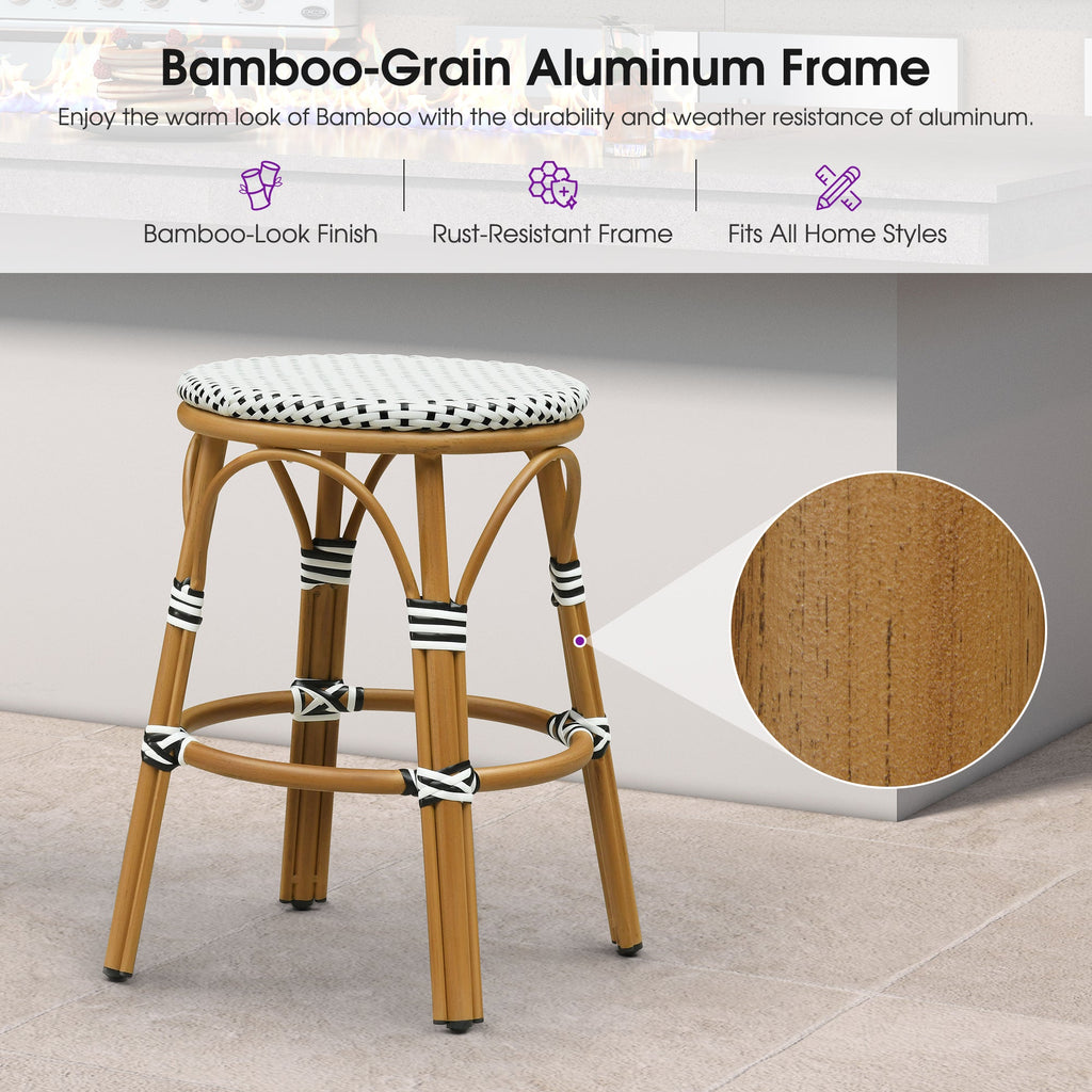 PURPLE LEAF Patio French Round Counter Stool Set of 2 Rattan Backless Stackable Barstools Aluminum Frame Footrest with Woven Wicker for Outdoor Kitchen Yard