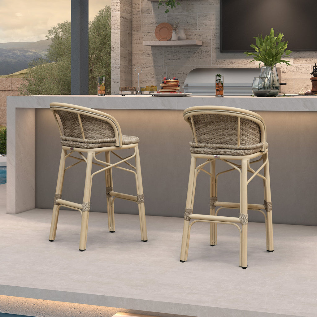 PURPLE LEAF Outdoor Bar Stools Set of 2 Rattan Patio Tall Bar Chairs Aluminum Frame with Back Barstools for Kitchen Garden Backyard Bistros Restaurant