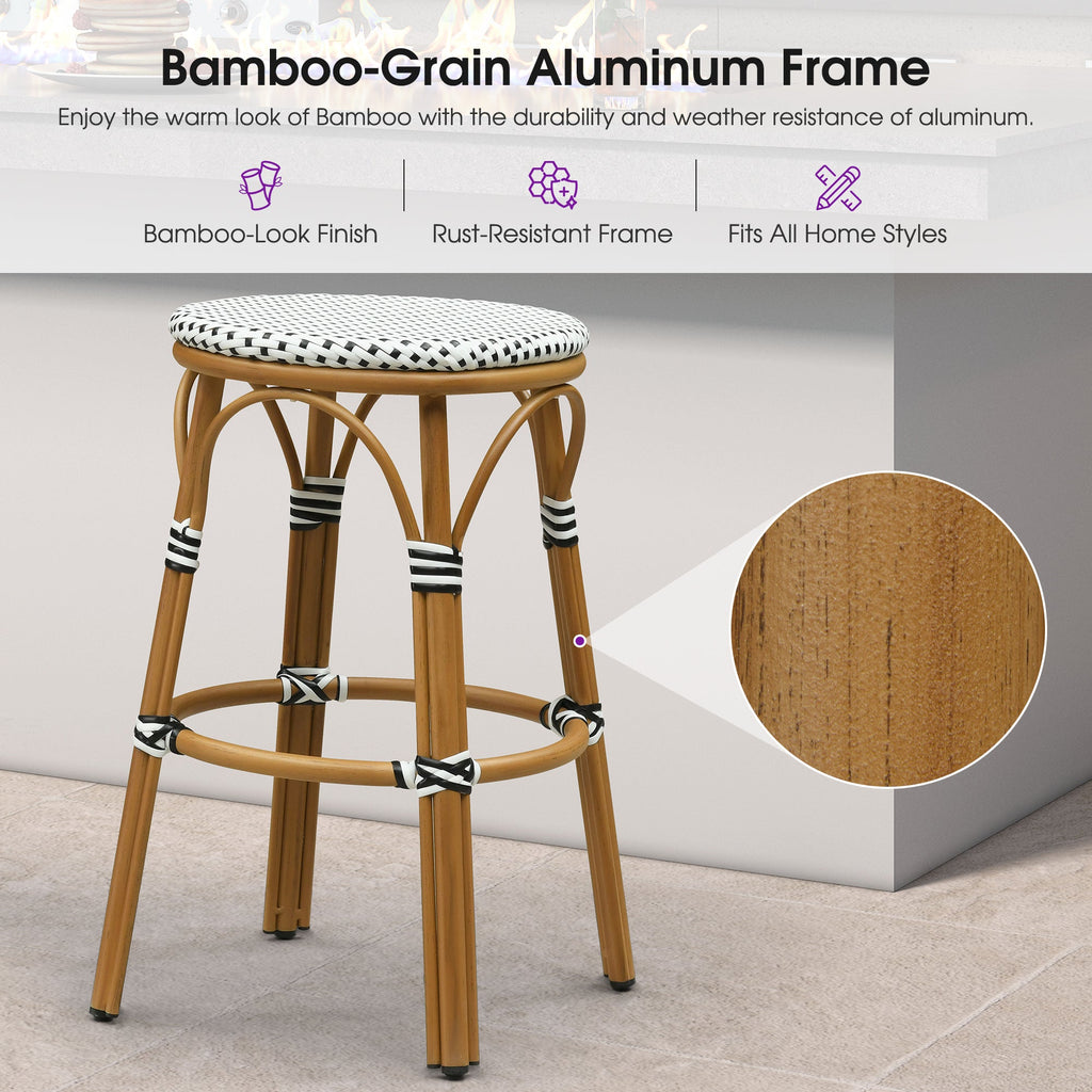PURPLE LEAF Patio French Round Counter Stool Set of 2 Rattan Backless Stackable Barstools Aluminum Frame Footrest with Woven Wicker for Outdoor Kitchen Yard