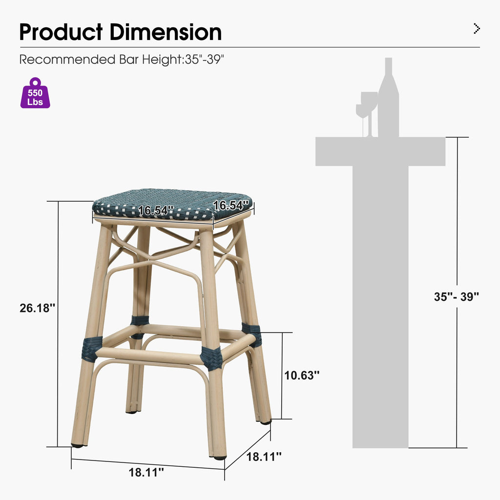 PURPLE LEAF Outdoor Bar Stools Set of 2 Rattan Patio Tall Bar Chairs Aluminum Frame with Back Barstools for Kitchen Garden Backyard Bistros Restaurant
