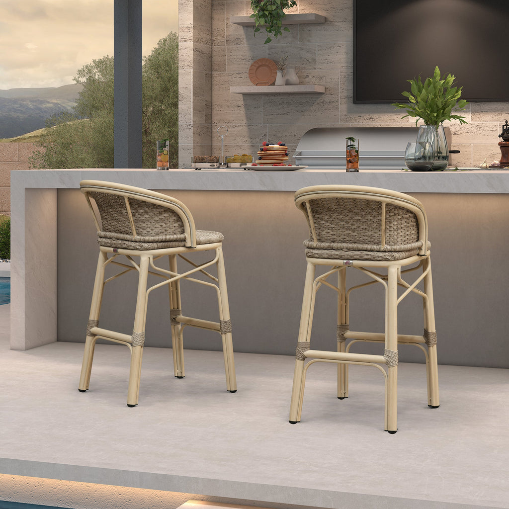 PURPLE LEAF Outdoor Bar Stools Set of 2 Rattan Patio Tall Bar Chairs Aluminum Frame with Back Barstools for Kitchen Garden Backyard Bistros Restaurant