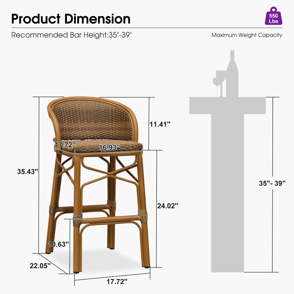 PURPLE LEAF Outdoor Bar Stools Set of 2 Rattan Patio Tall Bar Chairs Aluminum Frame with Back Barstools for Kitchen Garden Backyard Bistros Restaurant
