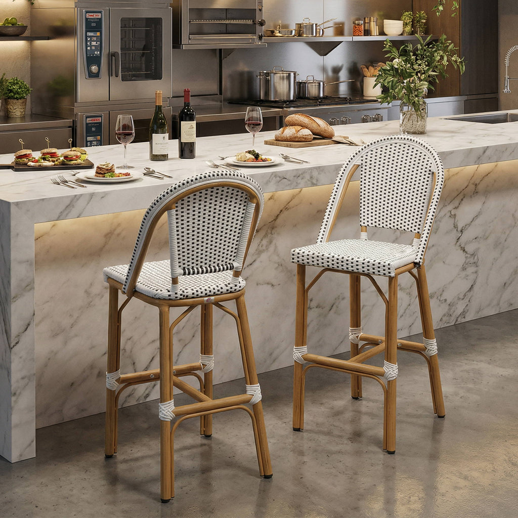 PURPLE LEAF Patio French Counter Stool Set of 2 Outdoor Backrest Barstools Aluminum Frame Woven Rattan for Indoor Kitchen Garden Balcony Restaurant