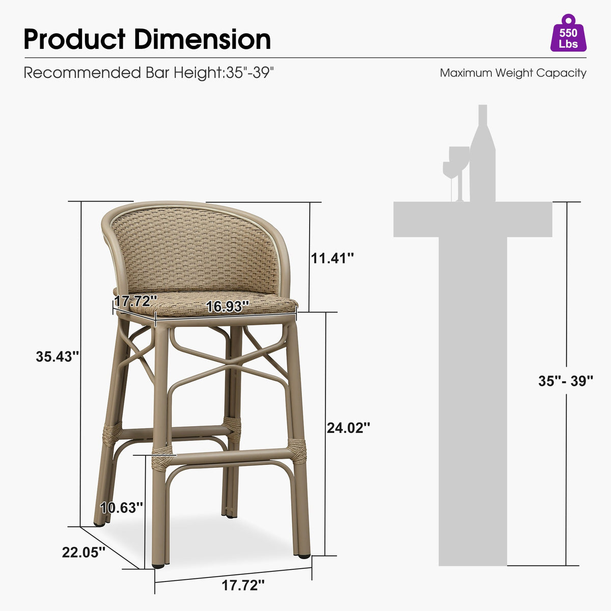PURPLE LEAF Outdoor Bar Stools Set of 2 Rattan Patio Tall Bar Chairs Aluminum Frame with Back Barstools for Kitchen Garden Backyard Bistros Restaurant