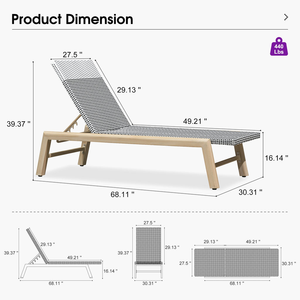 PURPLE LEAF Pool Oversized Lounge Chairs Rattan Aluminium Patio Chaise Lounge Outdoor Adjustable Recliner Finish Loungers Woven PE Sun Chairs for Poolside Deck Beach
