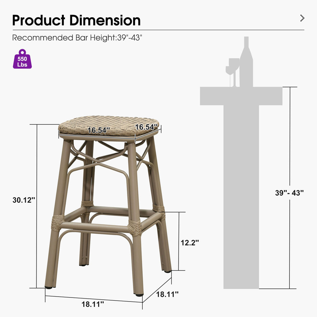 PURPLE LEAF Outdoor Bar Stools Set of 2 Rattan Patio Tall Bar Chairs Aluminum Frame with Back Barstools for Kitchen Garden Backyard Bistros Restaurant