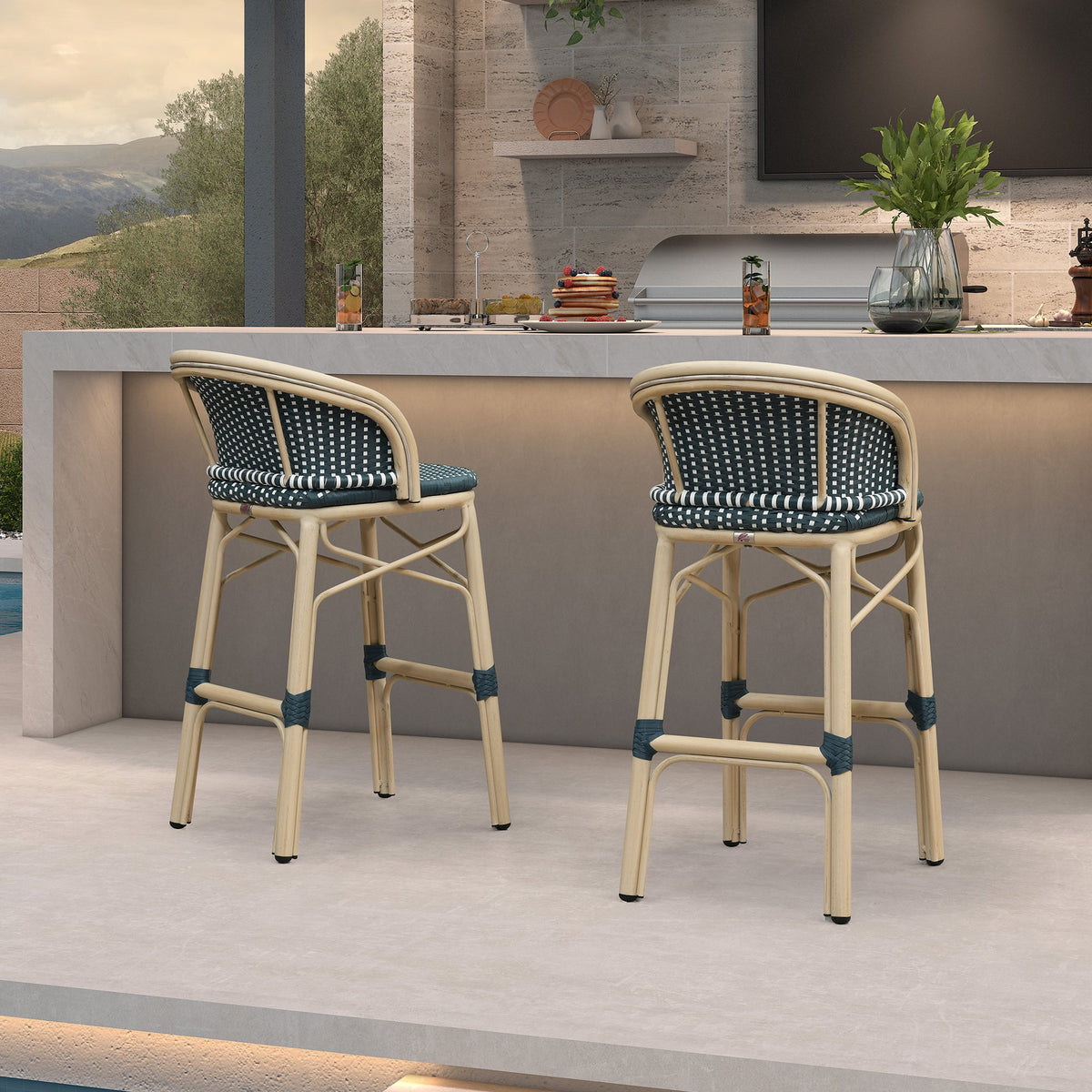 PURPLE LEAF Outdoor Bar Stools Set of 2 Rattan Patio Tall Bar Chairs Aluminum Frame with Back Barstools for Kitchen Garden Backyard Bistros Restaurant