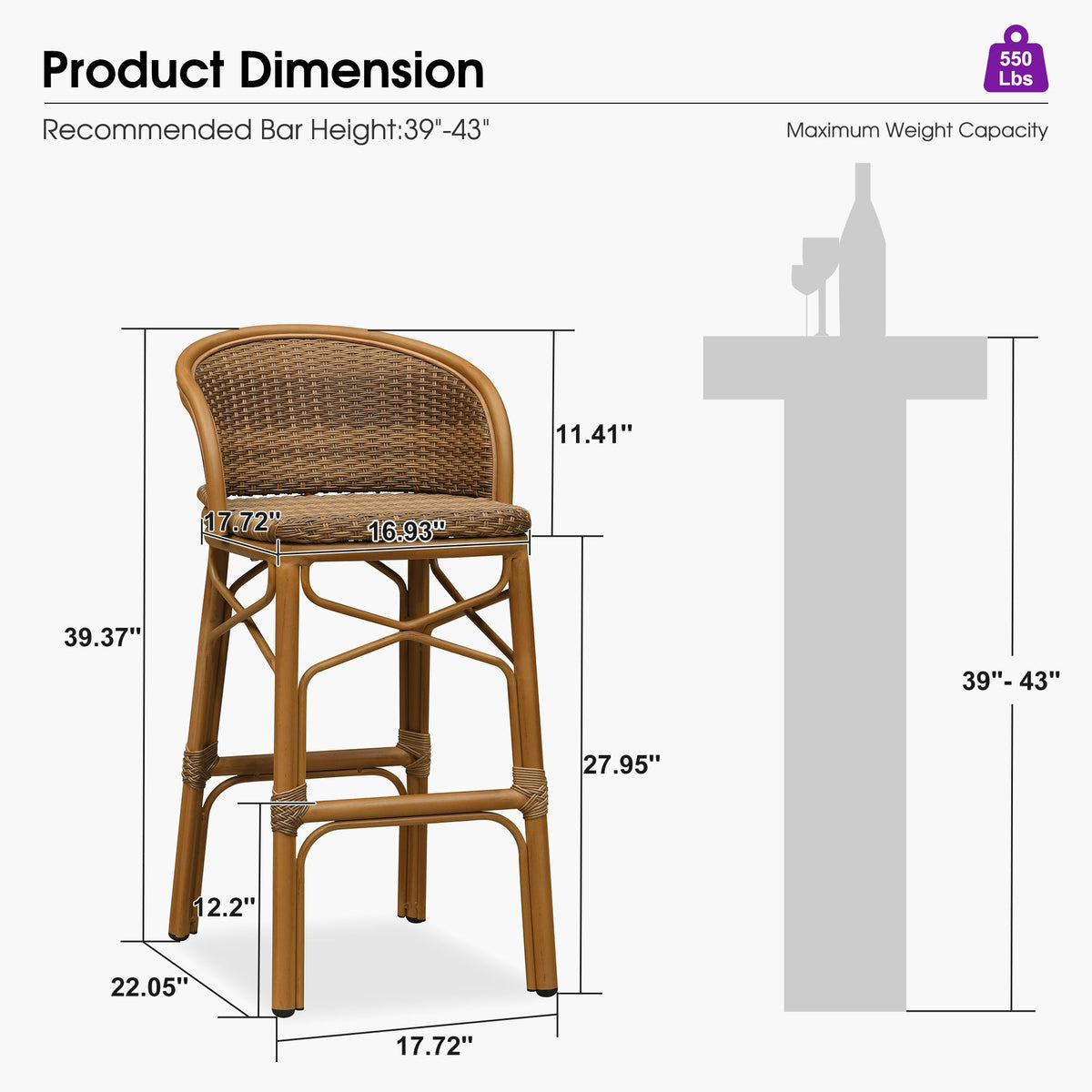 PURPLE LEAF Outdoor Bar Stools Set of 2 Rattan Patio Tall Bar Chairs Aluminum Frame with Back Barstools for Kitchen Garden Backyard Bistros Restaurant