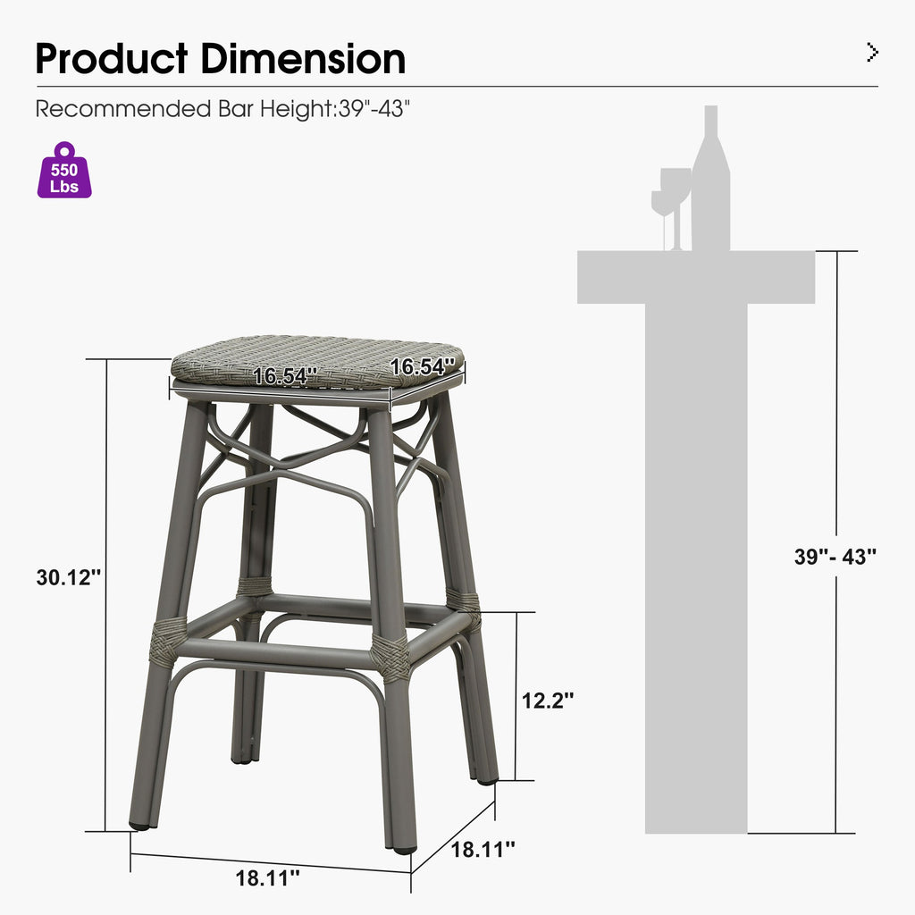 PURPLE LEAF Outdoor Bar Stools Set of 2 Rattan Patio Tall Bar Chairs Aluminum Frame with Back Barstools for Kitchen Garden Backyard Bistros Restaurant