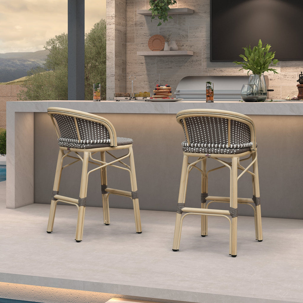 PURPLE LEAF Outdoor Bar Stools Set of 2 Rattan Patio Tall Bar Chairs Aluminum Frame with Back Barstools for Kitchen Garden Backyard Bistros Restaurant