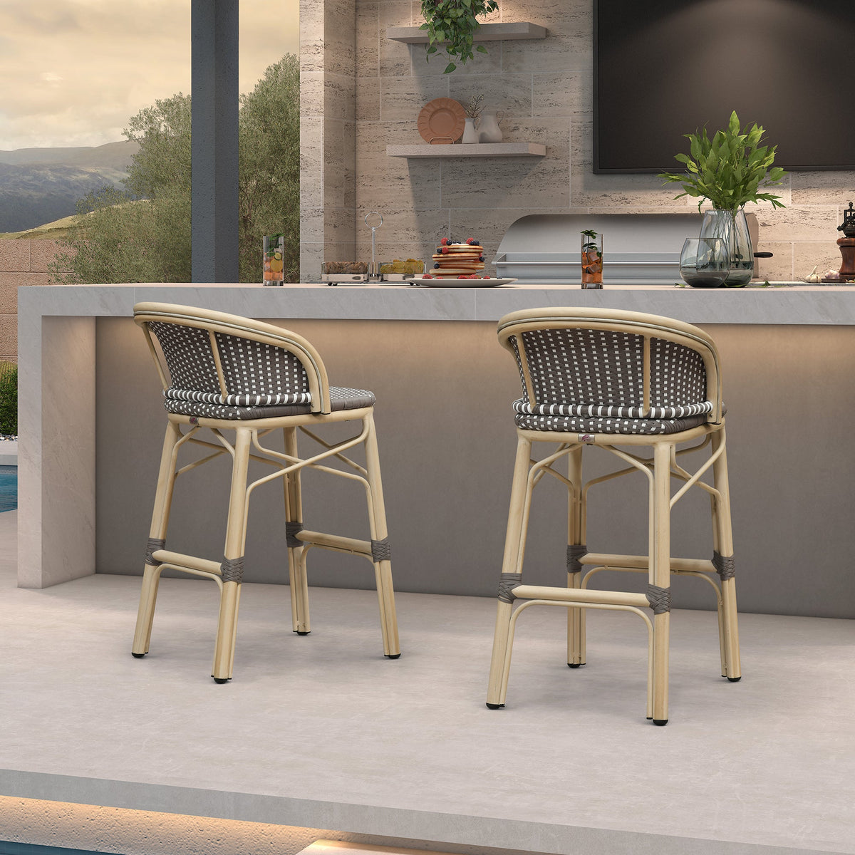 PURPLE LEAF Outdoor Bar Stools Set of 2 Rattan Patio Tall Bar Chairs Aluminum Frame with Back Barstools for Kitchen Garden Backyard Bistros Restaurant