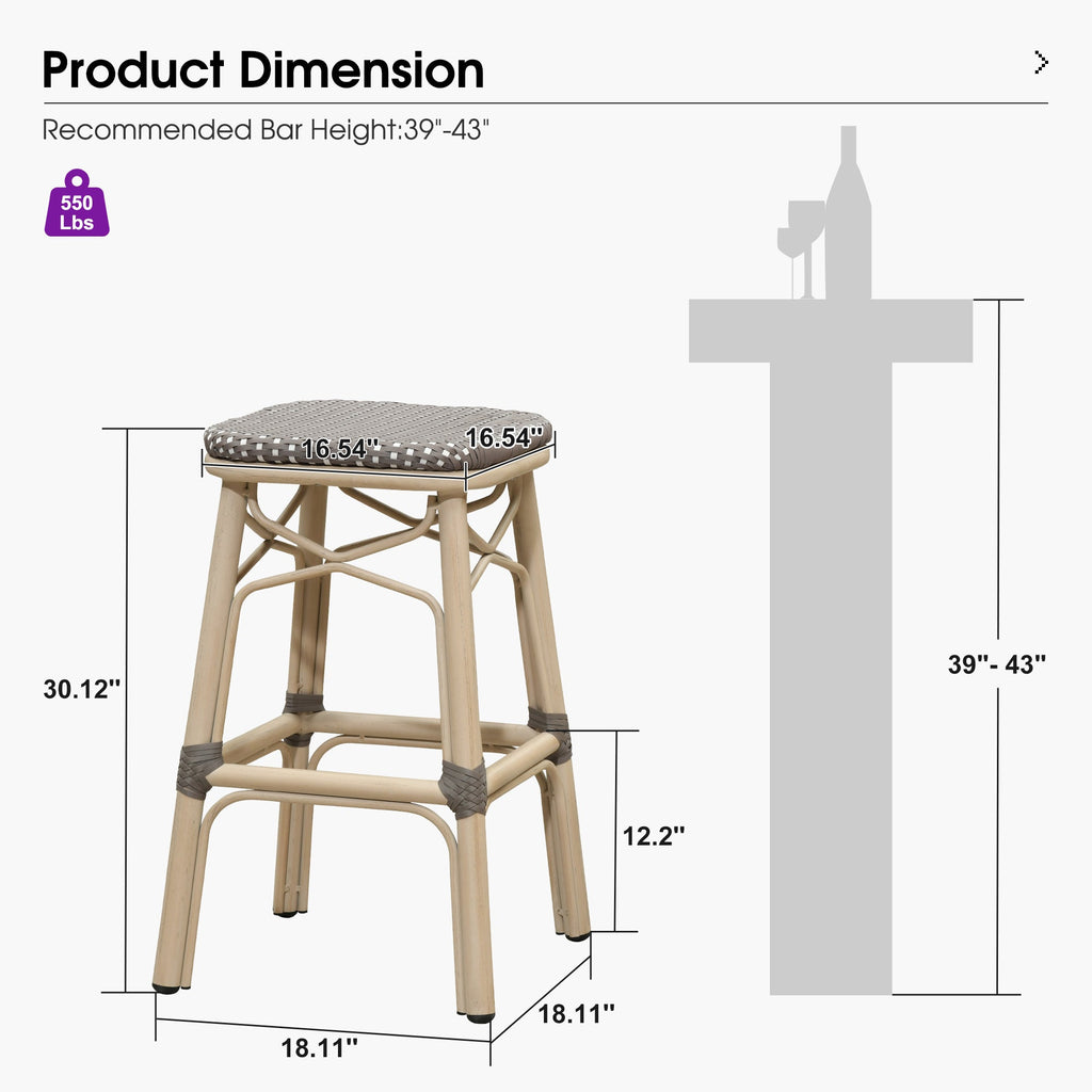 PURPLE LEAF Outdoor Bar Stools Set of 2 Rattan Patio Tall Bar Chairs Aluminum Frame with Back Barstools for Kitchen Garden Backyard Bistros Restaurant