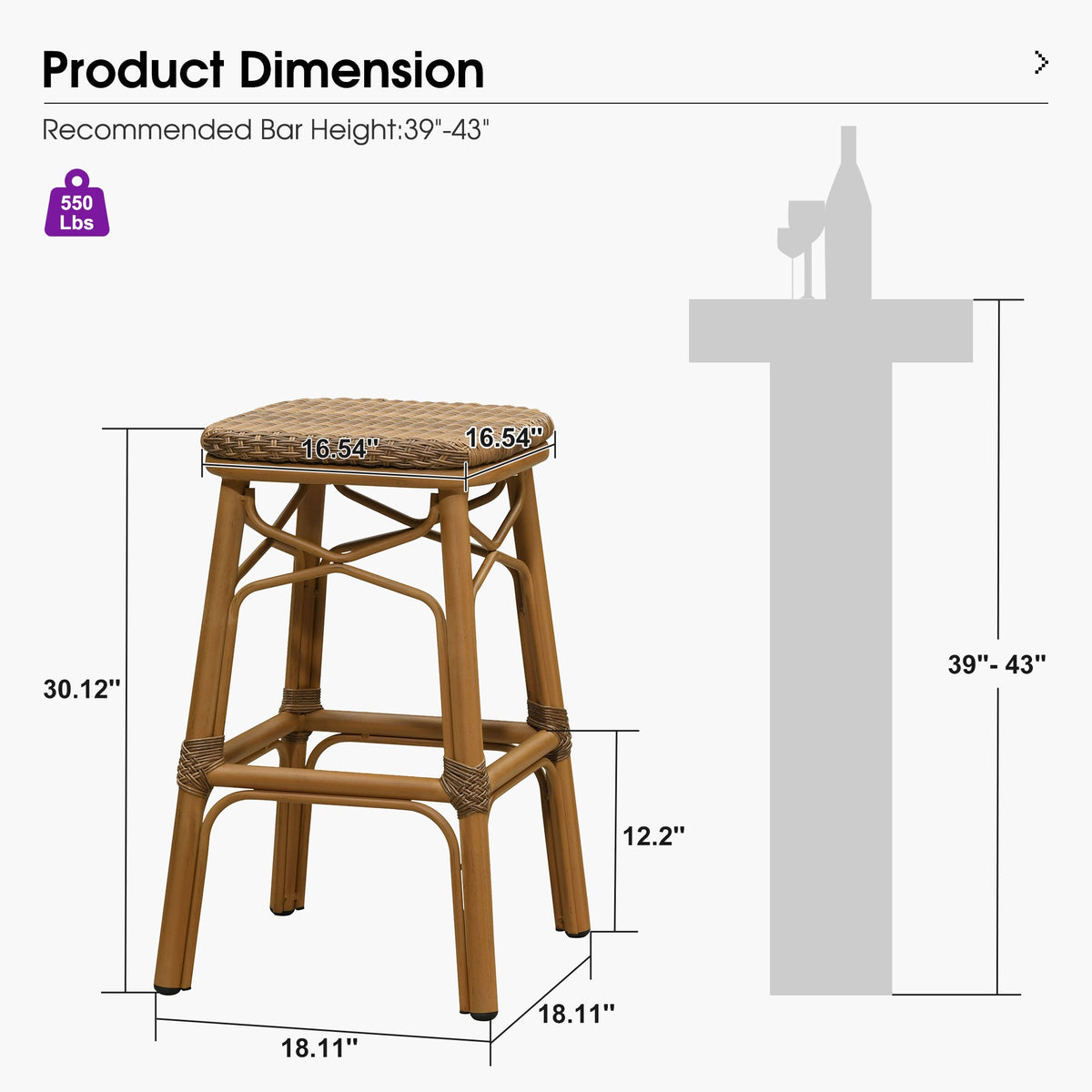 PURPLE LEAF Outdoor Bar Stools Set of 2 Rattan Patio Tall Bar Chairs Aluminum Frame with Back Barstools for Kitchen Garden Backyard Bistros Restaurant