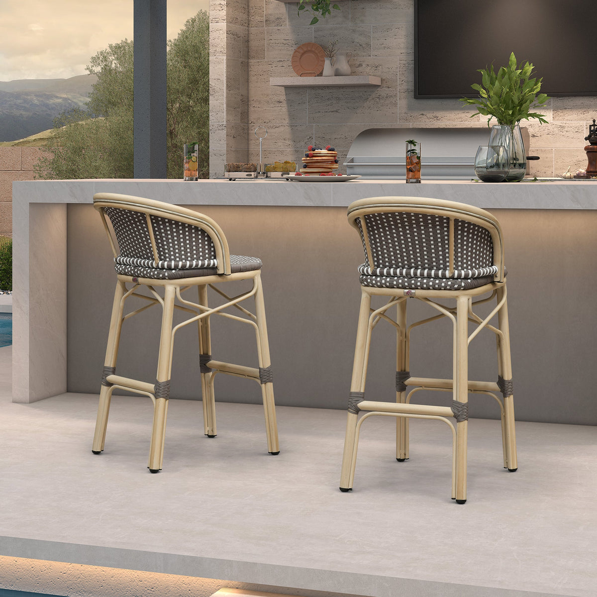 PURPLE LEAF Outdoor Bar Stools Set of 2 Rattan Patio Tall Bar Chairs Aluminum Frame with Back Barstools for Kitchen Garden Backyard Bistros Restaurant