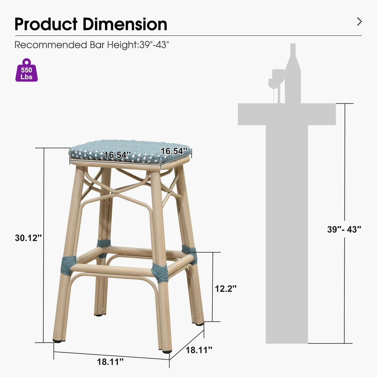 PURPLE LEAF Outdoor Bar Stools Set of 2 Rattan Patio Tall Bar Chairs Aluminum Frame with Back Barstools for Kitchen Garden Backyard Bistros Restaurant