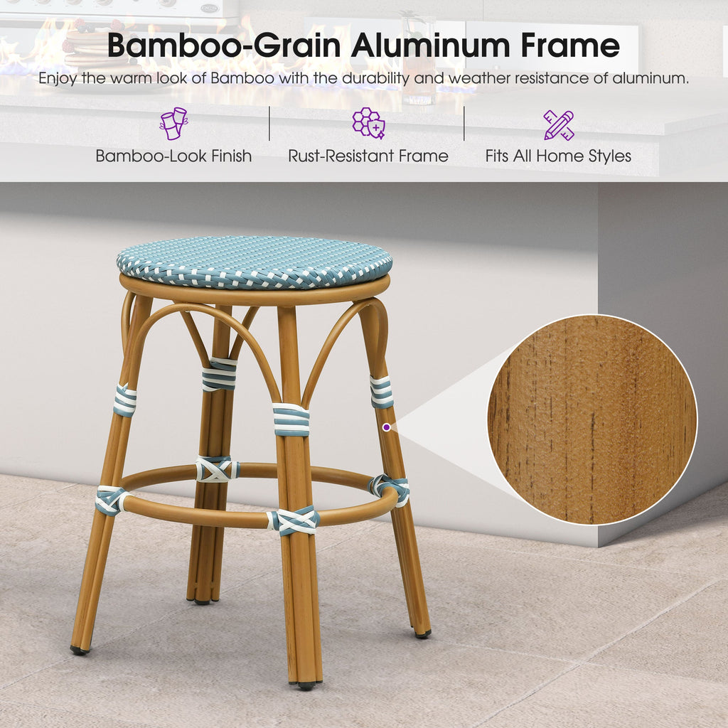 PURPLE LEAF Patio French Round Counter Stool Set of 2 Rattan Backless Stackable Barstools Aluminum Frame Footrest with Woven Wicker for Outdoor Kitchen Yard