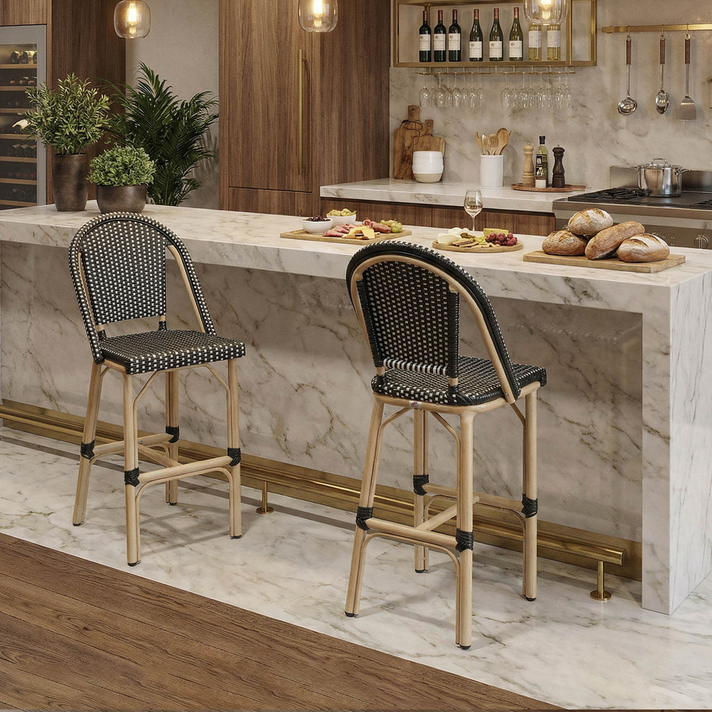 PURPLE LEAF Patio French Counter Stool Set of 2 Outdoor Backrest Barstools Aluminum Frame Woven Rattan for Indoor Kitchen Garden Balcony Restaurant