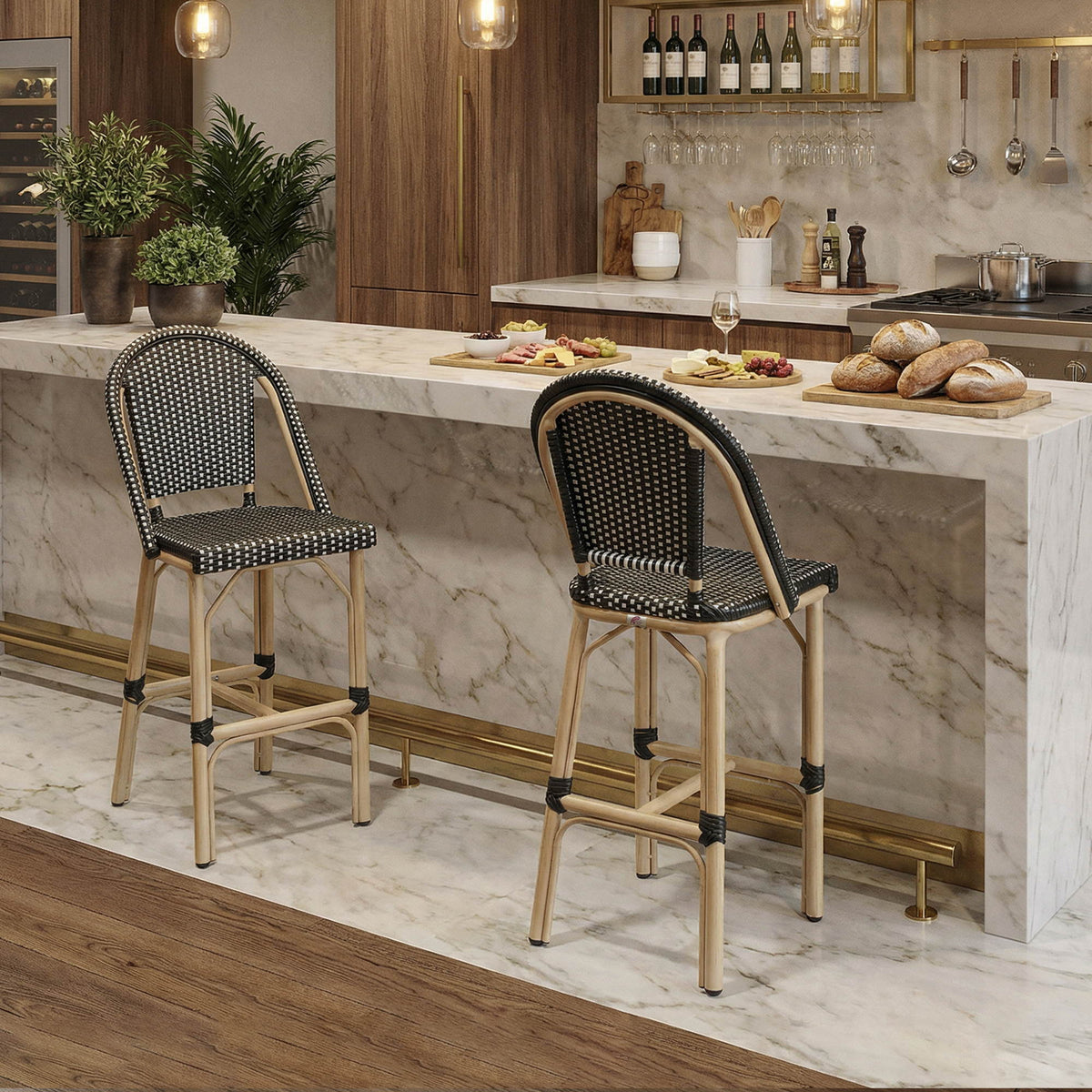 PURPLE LEAF Patio French Counter Stool Set of 2 Outdoor Backrest Barstools Aluminum Frame Woven Rattan for Indoor Kitchen Garden Balcony Restaurant