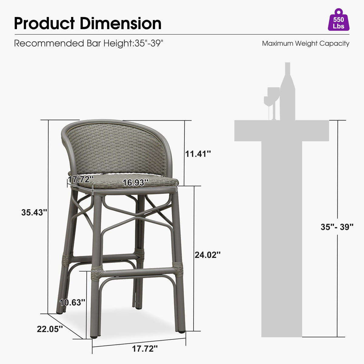 PURPLE LEAF Outdoor Bar Stools Set of 2 Rattan Patio Tall Bar Chairs Aluminum Frame with Back Barstools for Kitchen Garden Backyard Bistros Restaurant