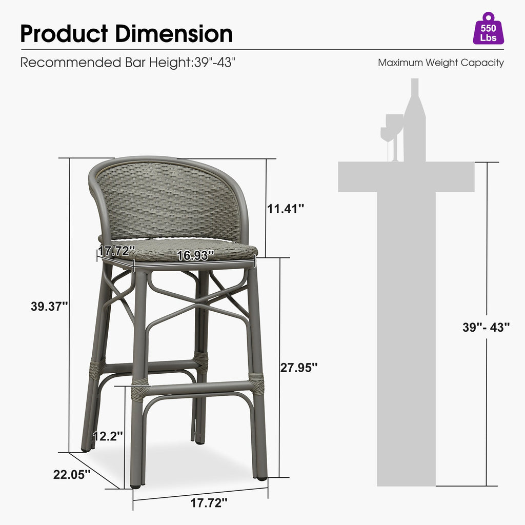 PURPLE LEAF Outdoor Bar Stools Set of 2 Rattan Patio Tall Bar Chairs Aluminum Frame with Back Barstools for Kitchen Garden Backyard Bistros Restaurant