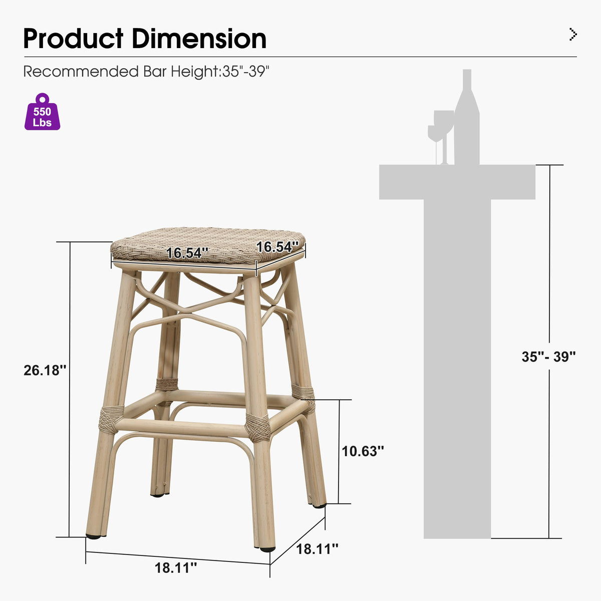 PURPLE LEAF Outdoor Bar Stools Set of 2 Rattan Patio Tall Bar Chairs Aluminum Frame with Back Barstools for Kitchen Garden Backyard Bistros Restaurant