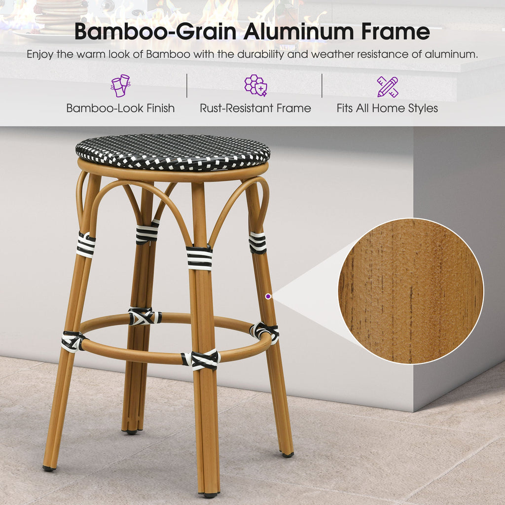 PURPLE LEAF Patio French Round Counter Stool Set of 2 Rattan Backless Stackable Barstools Aluminum Frame Footrest with Woven Wicker for Outdoor Kitchen Yard