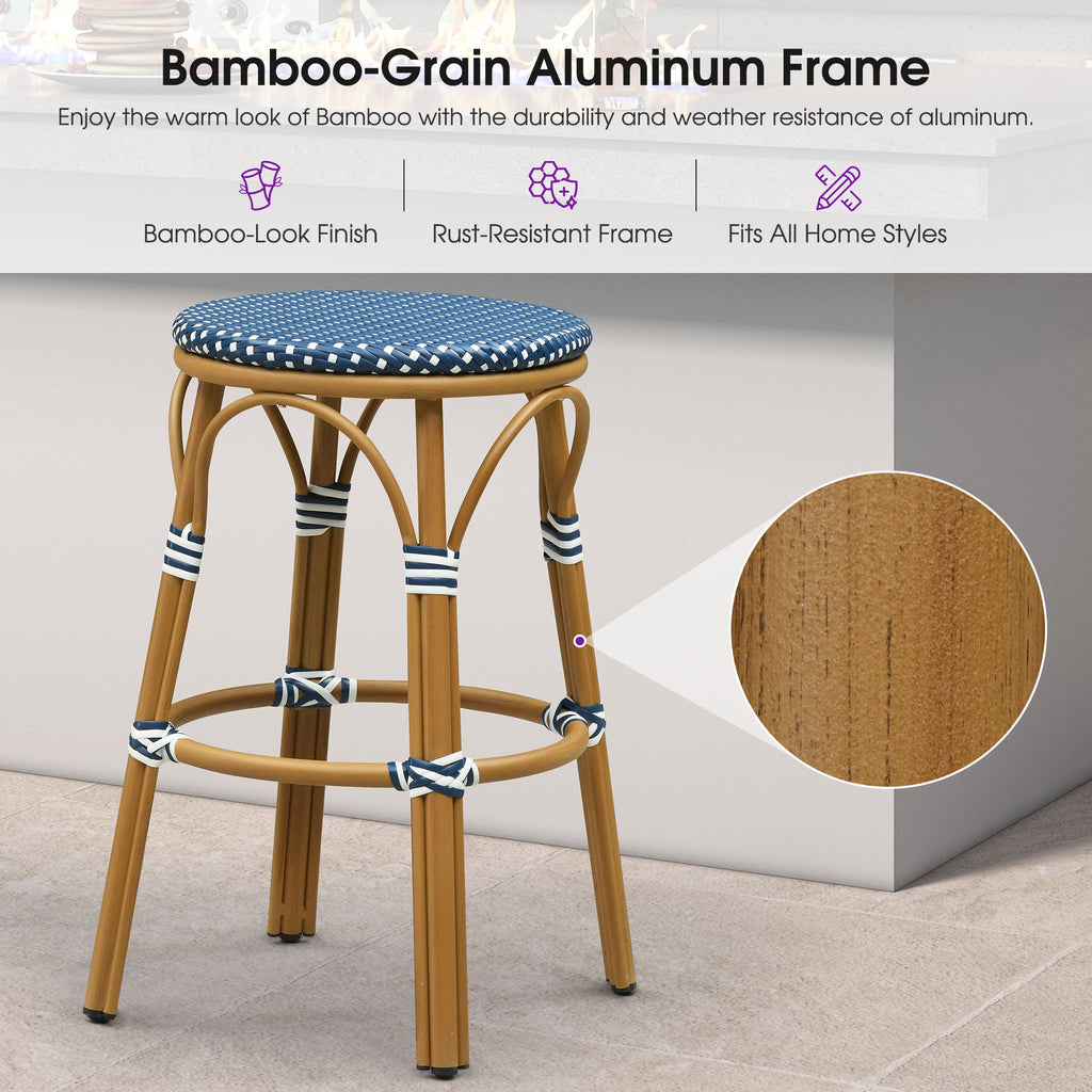 PURPLE LEAF Patio French Round Counter Stool Set of 2 Rattan Backless Stackable Barstools Aluminum Frame Footrest with Woven Wicker for Outdoor Kitchen Yard