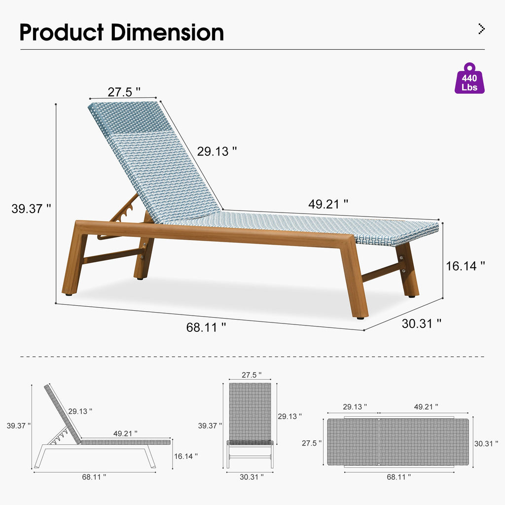 PURPLE LEAF Pool Oversized Lounge Chairs Rattan Aluminium Patio Chaise Lounge Outdoor Adjustable Recliner Finish Loungers Woven PE Sun Chairs for Poolside Deck Beach