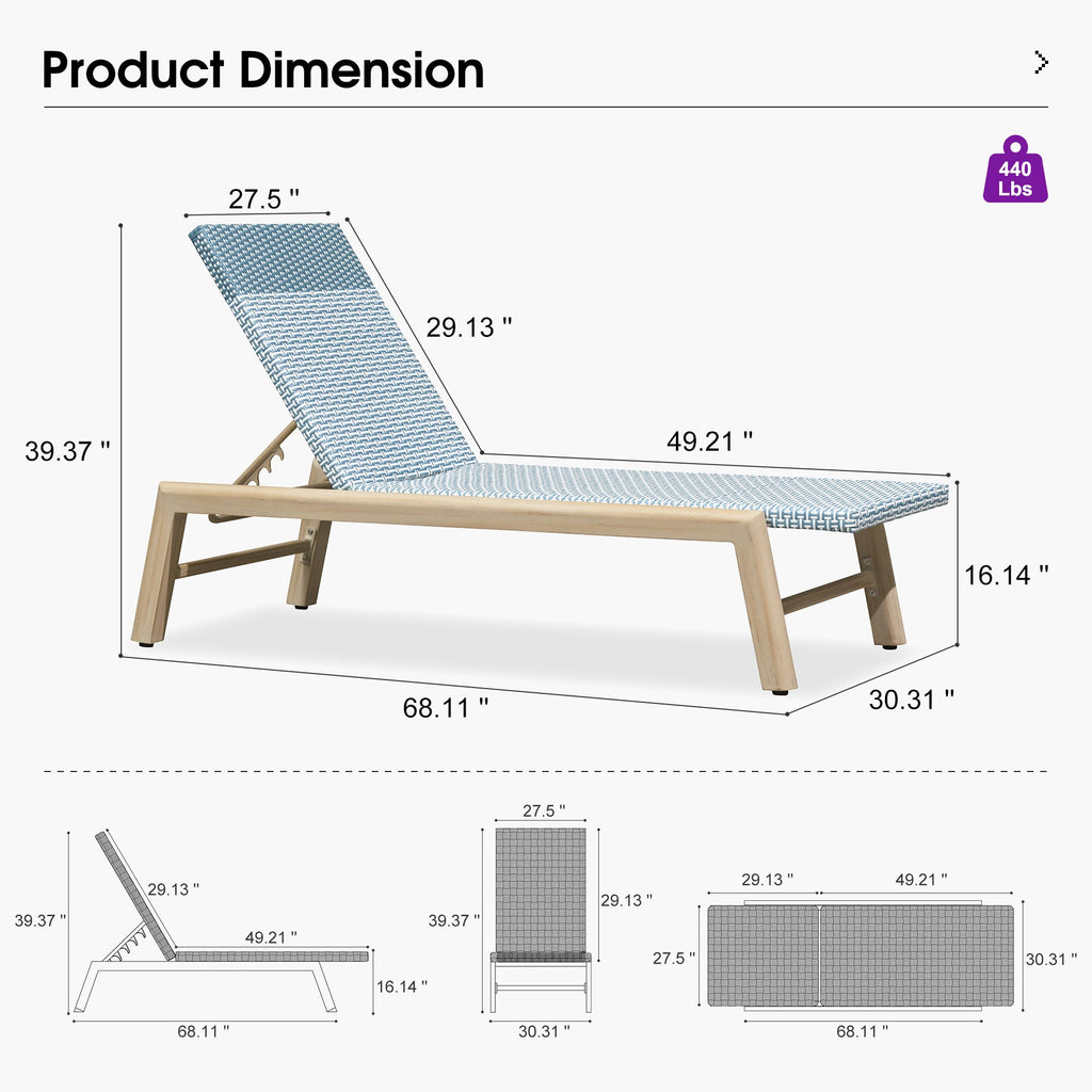 PURPLE LEAF Pool Oversized Lounge Chairs Rattan Aluminium Patio Chaise Lounge Outdoor Adjustable Recliner Finish Loungers Woven PE Sun Chairs for Poolside Deck Beach