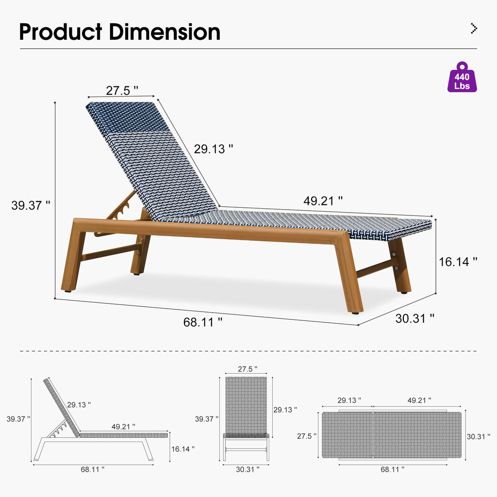 PURPLE LEAF Pool Oversized Lounge Chairs Rattan Aluminium Patio Chaise Lounge Outdoor Adjustable Recliner Finish Loungers Woven PE Sun Chairs for Poolside Deck Beach